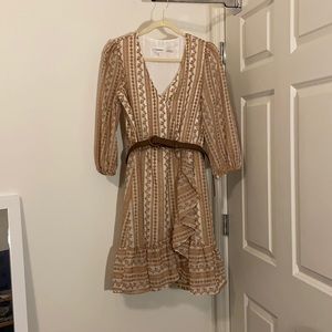 Calvin Klein Embroidered Faux-Wrap Dress Tan/White